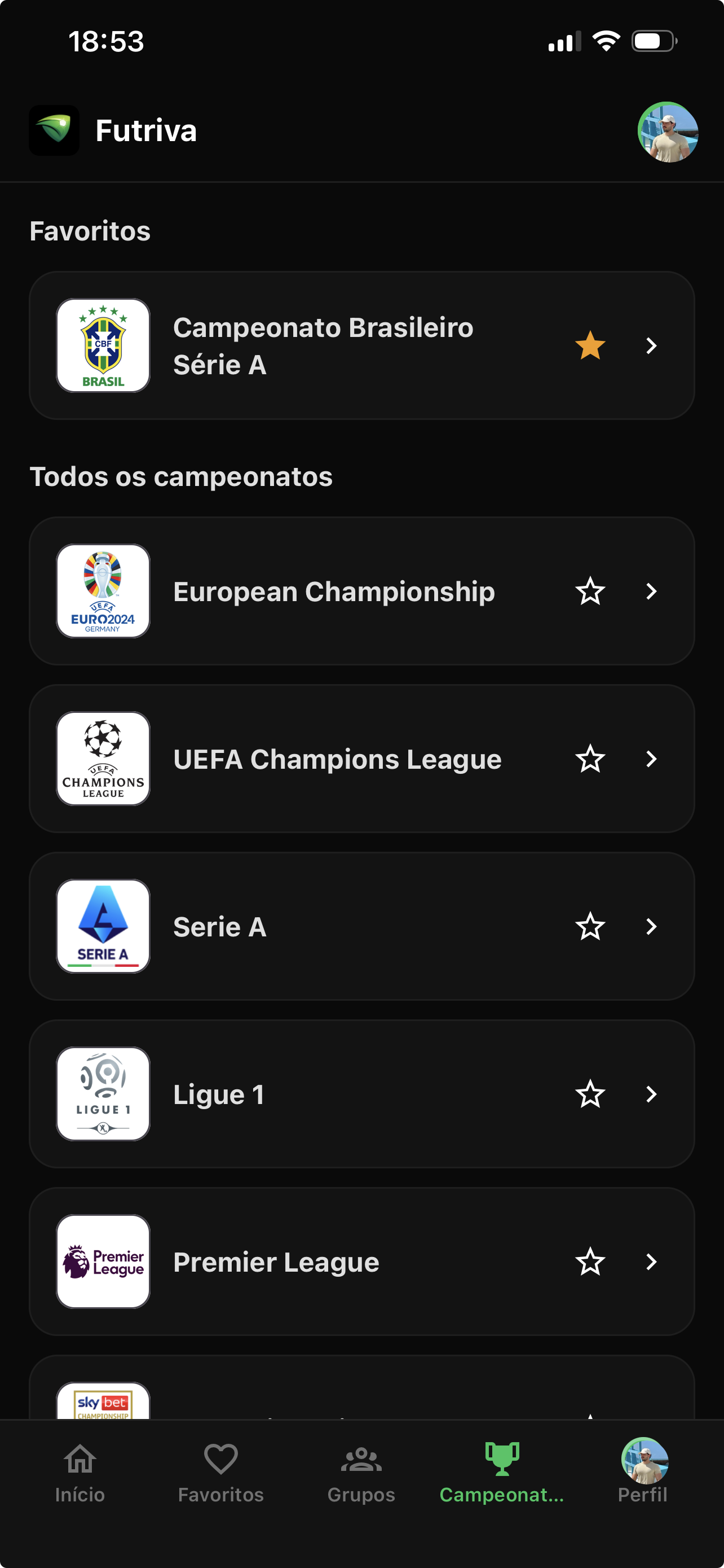 Tela de Campeonatos do Futriva