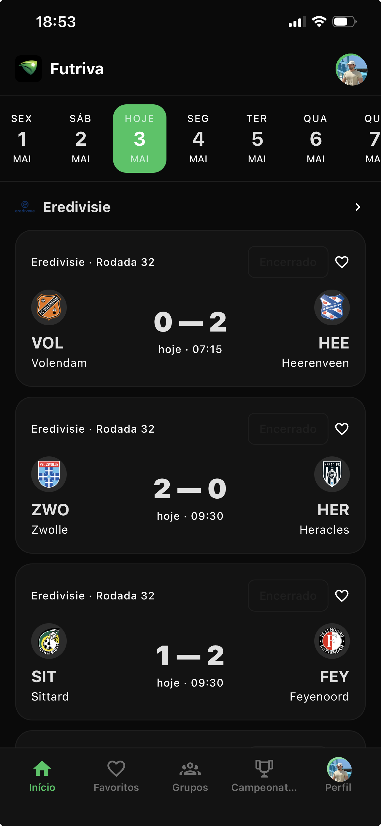 Tela Home do Futriva com lista de partidas